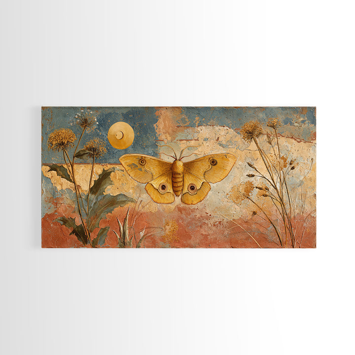 Golden Moth with Moon and Stars Framed Canvas Print, Boho Art, Boho, Living Room Decor, Fine Art, Bohemian, Wall Art Print, BOH-2x1-37