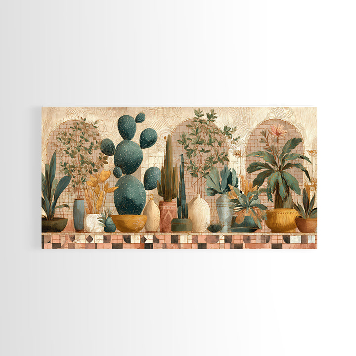 Warm Neutral Cactus Garden Illustration Framed Canvas Print, Boho Art, Living Room Decor, Watercolor Art, Bohemian, BOH-2x1-38