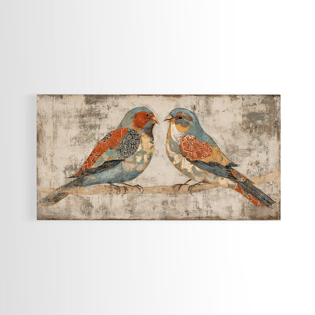 Boho Bird Pair Framed Canvas Print, Boho Art, Wall Decor, Living Room Decor, Fine Art, Bohemian, Art Nouveau, Abstract Art, BOH-2x1-40