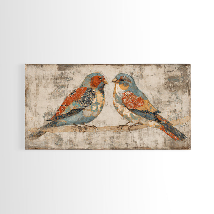 Boho Bird Pair Framed Canvas Print, Boho Art, Wall Decor, Living Room Decor, Fine Art, Bohemian, Art Nouveau, Abstract Art, BOH-2x1-40