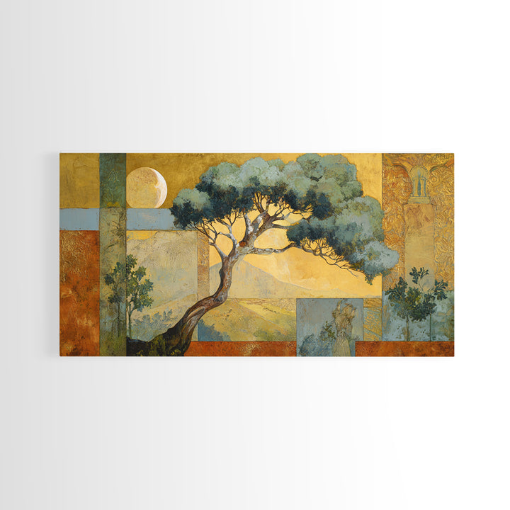 Sage Green Eucalyptus and Crescent Moon Framed Canvas Print, Boho Art, Digital Wall Art, Living Room Decor, Fine Art, Bohemian, BOH-2x1-43