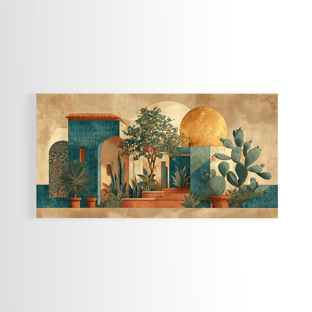 Desert Sun with Cactus and Warm Clay Framed Canvas Print, Boho Art, Printable Art, Living Room Decor, Oil Painting, Bohemian, BOH-2x1-45