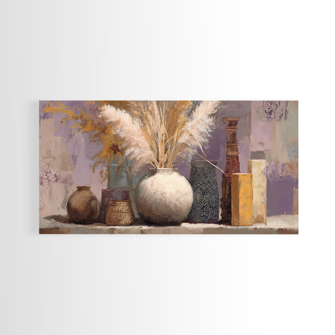 Bohemian Vase with Dried Pampas Grass Framed Canvas Print, Boho Art, Art Nouveau, Living Room Decor, Watercolor Art, Bohemian, BOH-2x1-5