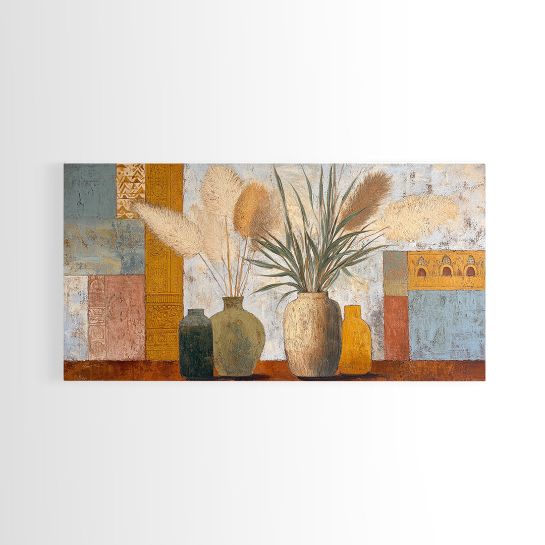 Bohemian Vase with Dried Pampas Grass Canvas Print, Boho Art, Abstract Wall Art, Living Room Decor, Oil Painting, Bohemian, BOH-2x1-53