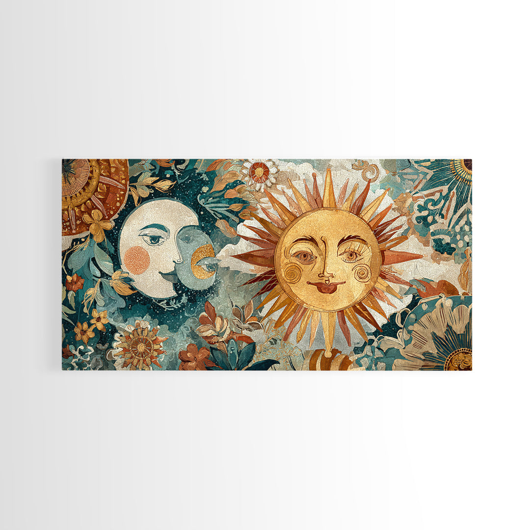 Sun and Moon Celestial Folk Motif Canvas Print, Boho Art, Printable Wall Art, Living Room Decor, Bohemian, Abstract Wall Art, BOH-2x1-54