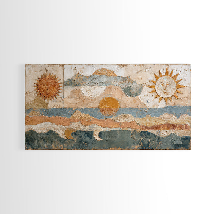 Sun and Moon Celestial Folk Motif Framed Canvas Print, Boho Art, Wall Decor, Living Room Decor, Fine Art, Bohemian, Art Nouveau, BOH-2x1-6