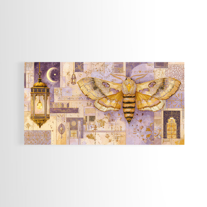 Golden Moth with Moon and Stars Canvas Print, Boho Art, Canvas Art, Living Room Decor, Fine Art, Bohemian, Wall Art Set, BOH-2x1-61