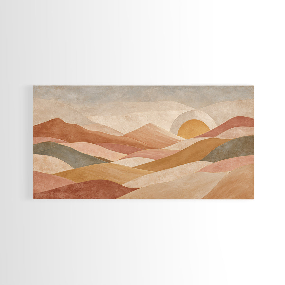 Sunrise over Rolling Dunes in Muted Peach Framed Canvas Print, Boho Art, Living Room Decor, Abstract Art, Bohemian, BOH-2x1-65