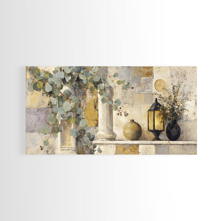 Sage Green Eucalyptus and Crescent Moon Framed Canvas Print, Boho Art, Fine Art Print, Living Room Decor, Fine Art, Bohemian, BOH-2x1-67