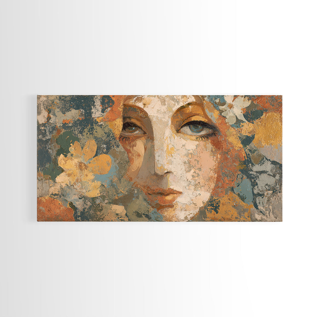 Abstract Female Face Framed Canvas Print, Boho Art, Digital Wall Art, Living Room Decor, Watercolor Art, Bohemian, Garden Art, BOH-2x1-72