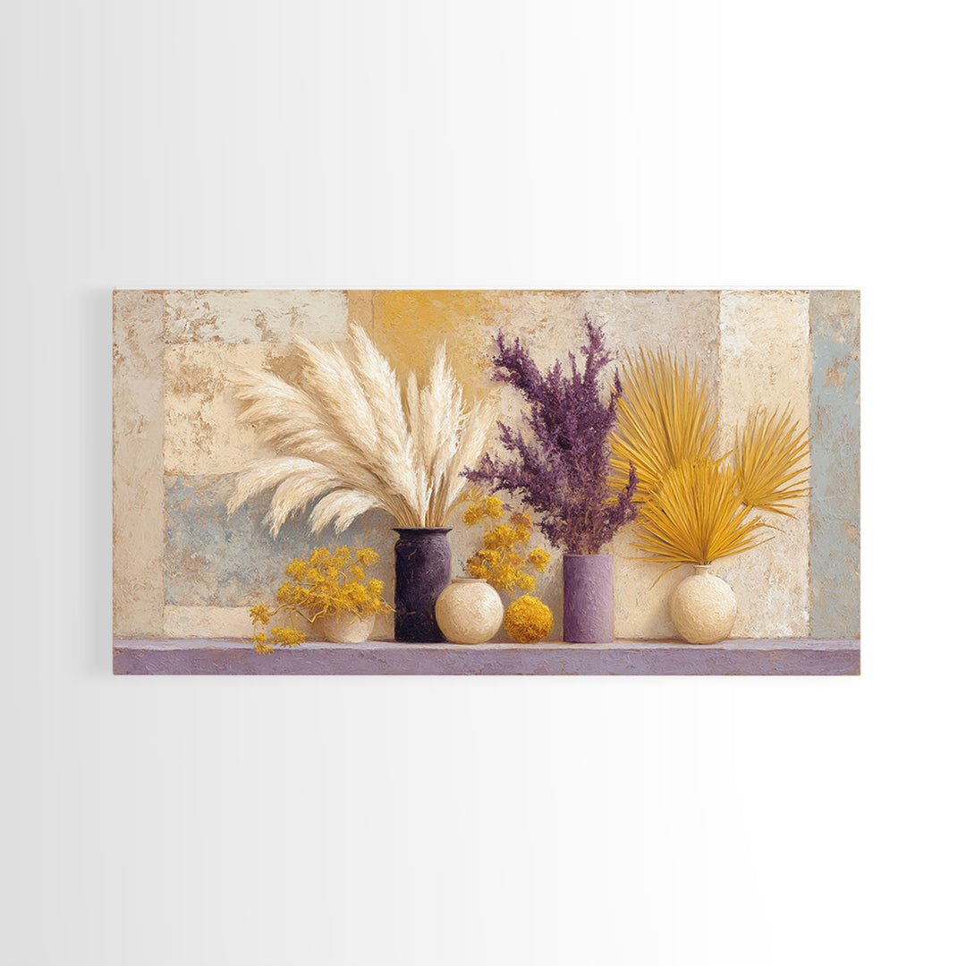 Bohemian Vase with Dried Pampas Grass Canvas Print, Boho Art, Abstract Wall Art, Living Room Decor, Oil Painting, Bohemian, BOH-2x1-77