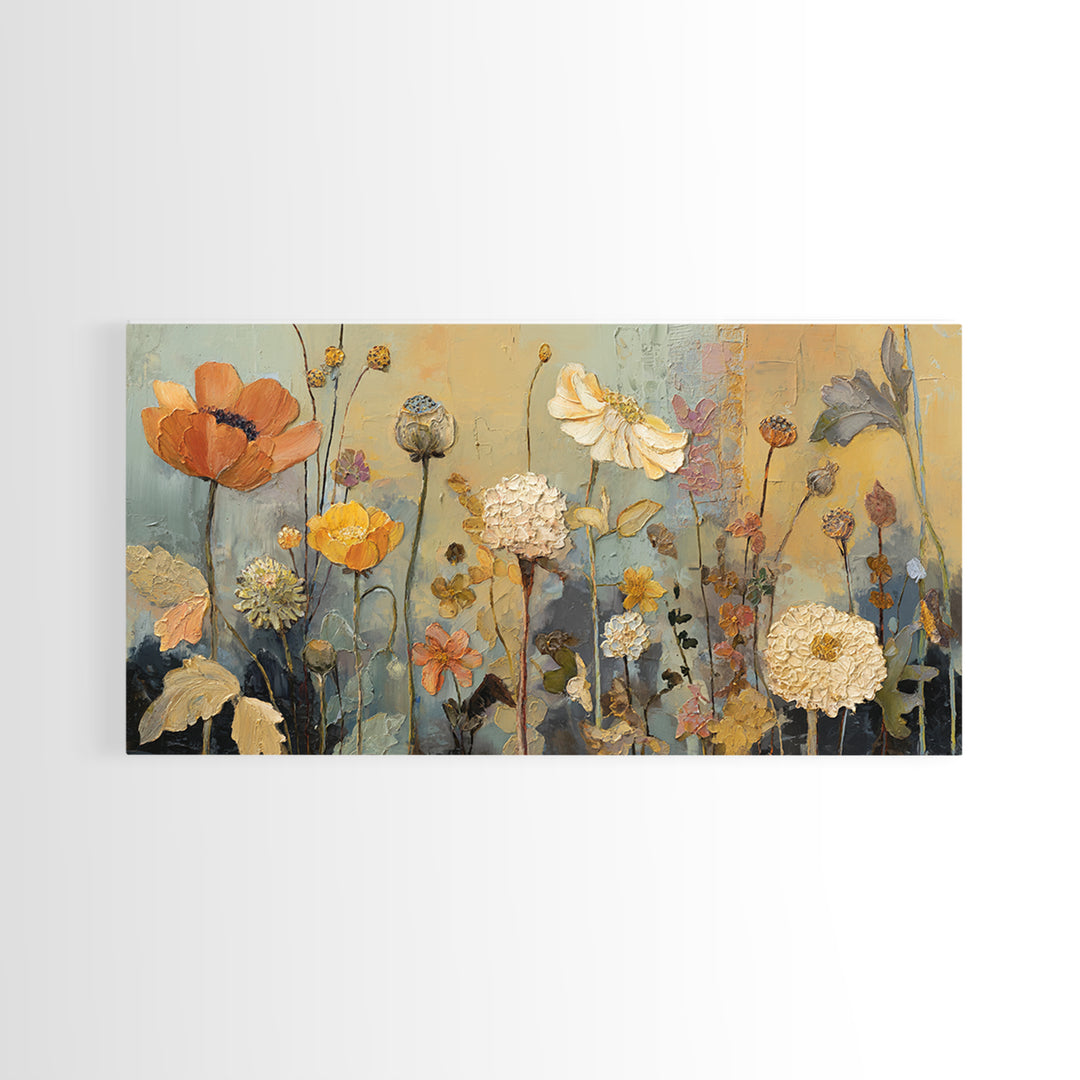 Burnt Orange Floral Field at Sunset Framed Canvas Print, Boho Art, Boho Wall Art, Living Room Decor, Fine Art, Bohemian, BOH-2x1-81