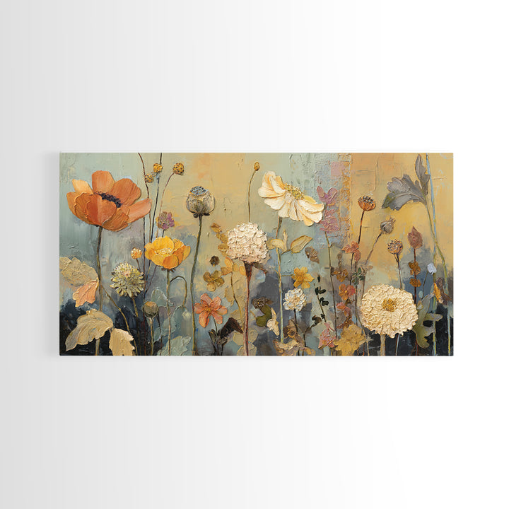 Burnt Orange Floral Field at Sunset Framed Canvas Print, Boho Art, Boho Wall Art, Living Room Decor, Fine Art, Bohemian, BOH-2x1-81