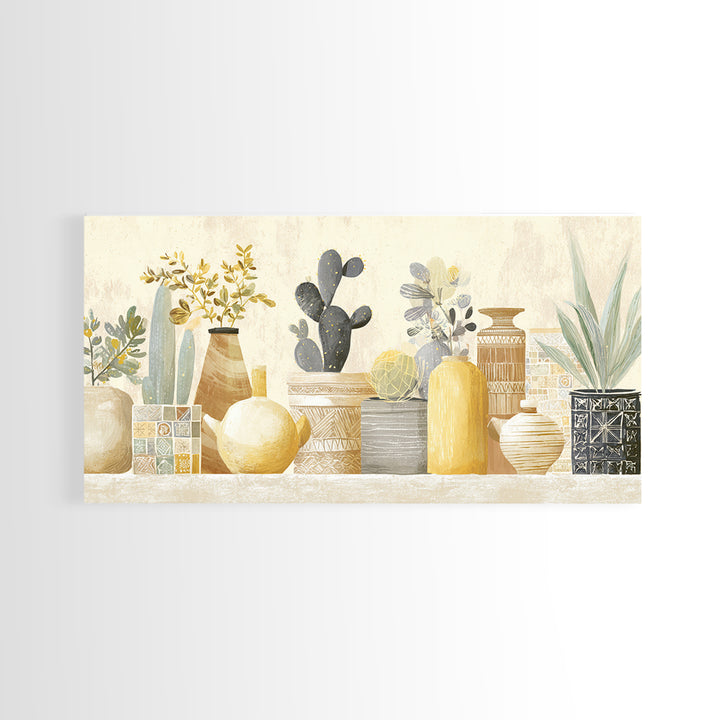 Warm Neutral Cactus Garden Illustration Framed Canvas Print, Boho Art, Digital Wall Art, Living Room Decor, Fine Art, Bohemian, BOH-2x1-86