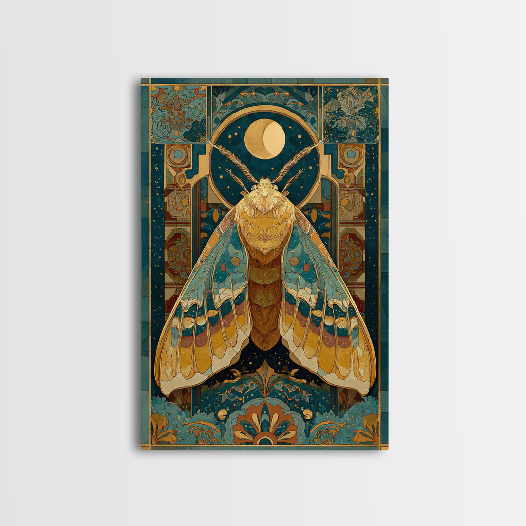 Golden Moth with Moon and Stars Framed Canvas Print, Boho Art, Art Nouveau, Living Room Decor, Fine Art, Bohemian, Wall Print, BOH-2x3-1