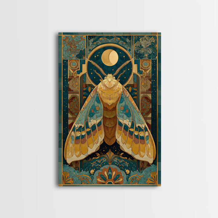 Golden Moth with Moon and Stars Framed Canvas Print, Boho Art, Art Nouveau, Living Room Decor, Fine Art, Bohemian, Wall Print, BOH-2x3-1
