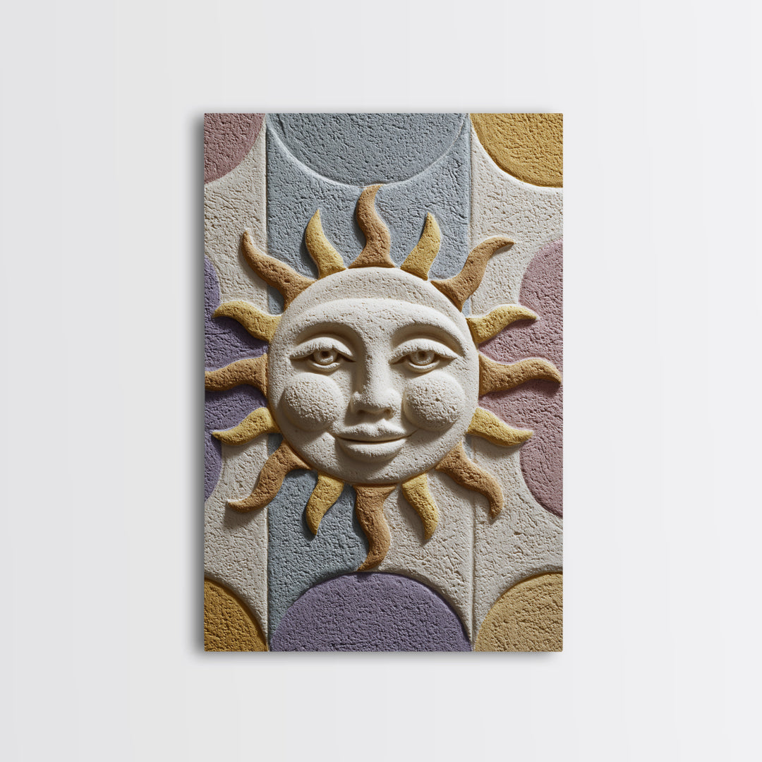 Sun and Moon Celestial Folk Motif Framed Canvas Print, Boho Art, Digital Art, Living Room Decor, Watercolor Art, Bohemian, BOH-2x3-18