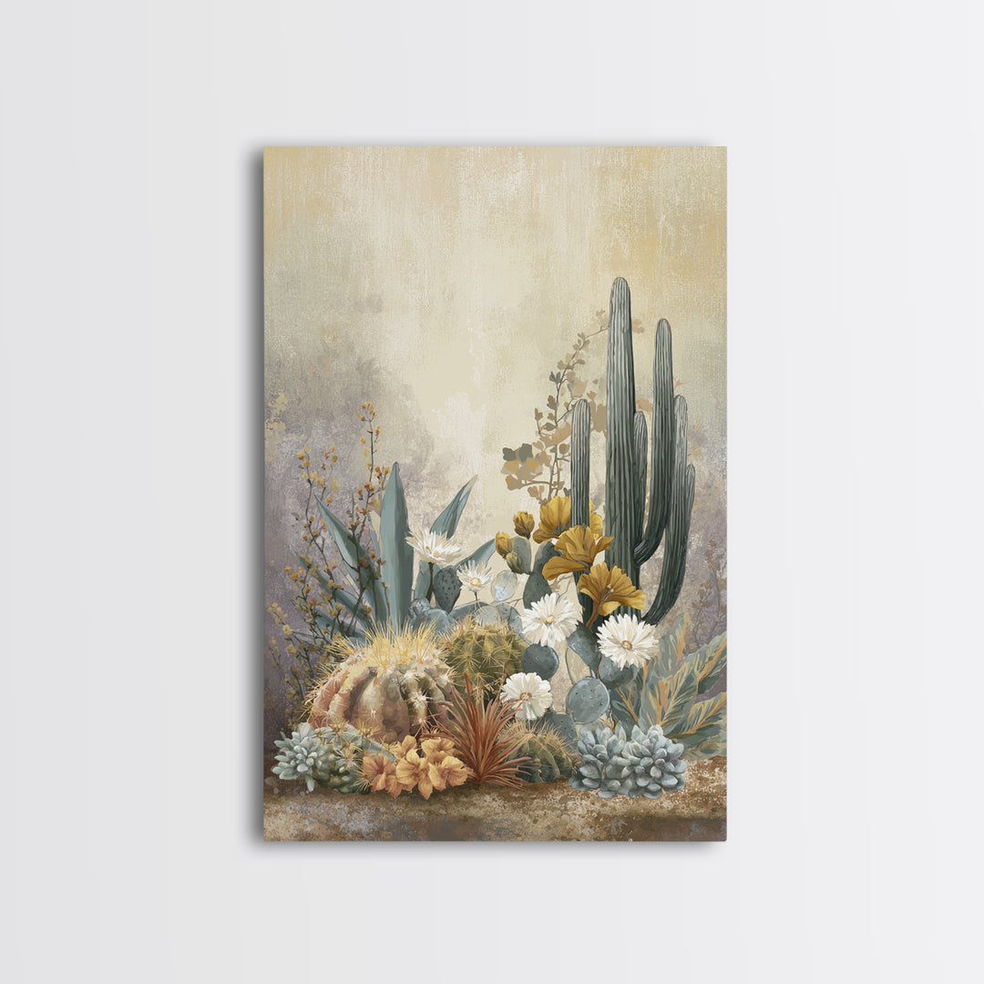 Warm Neutral Cactus Garden Illustration Framed Canvas Print, Boho Art, Wall Decor, Living Room Decor, Fine Art, Bohemian, BOH-2x3-2