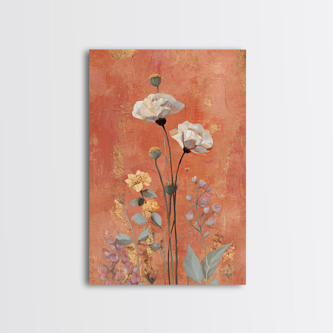 Burnt Orange Floral Field at Sunset Framed Canvas Print, Boho Art, Wallart, Living Room Decor, Bohemian, Living Room Wall Art, BOH-2x3-21
