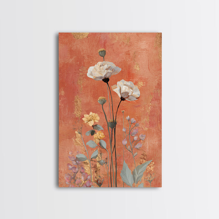 Burnt Orange Floral Field at Sunset Framed Canvas Print, Boho Art, Wallart, Living Room Decor, Bohemian, Living Room Wall Art, BOH-2x3-21