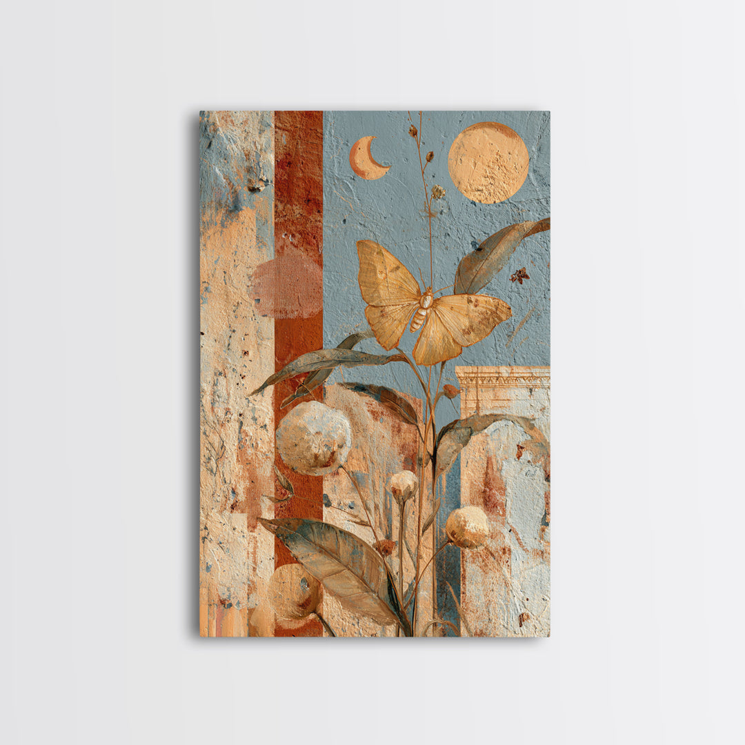 Golden Moth with Moon and Stars Framed Canvas Print, Boho Art, Art Nouveau, Living Room Decor, Fine Art, Bohemian, Wall Print, BOH-2x3-25