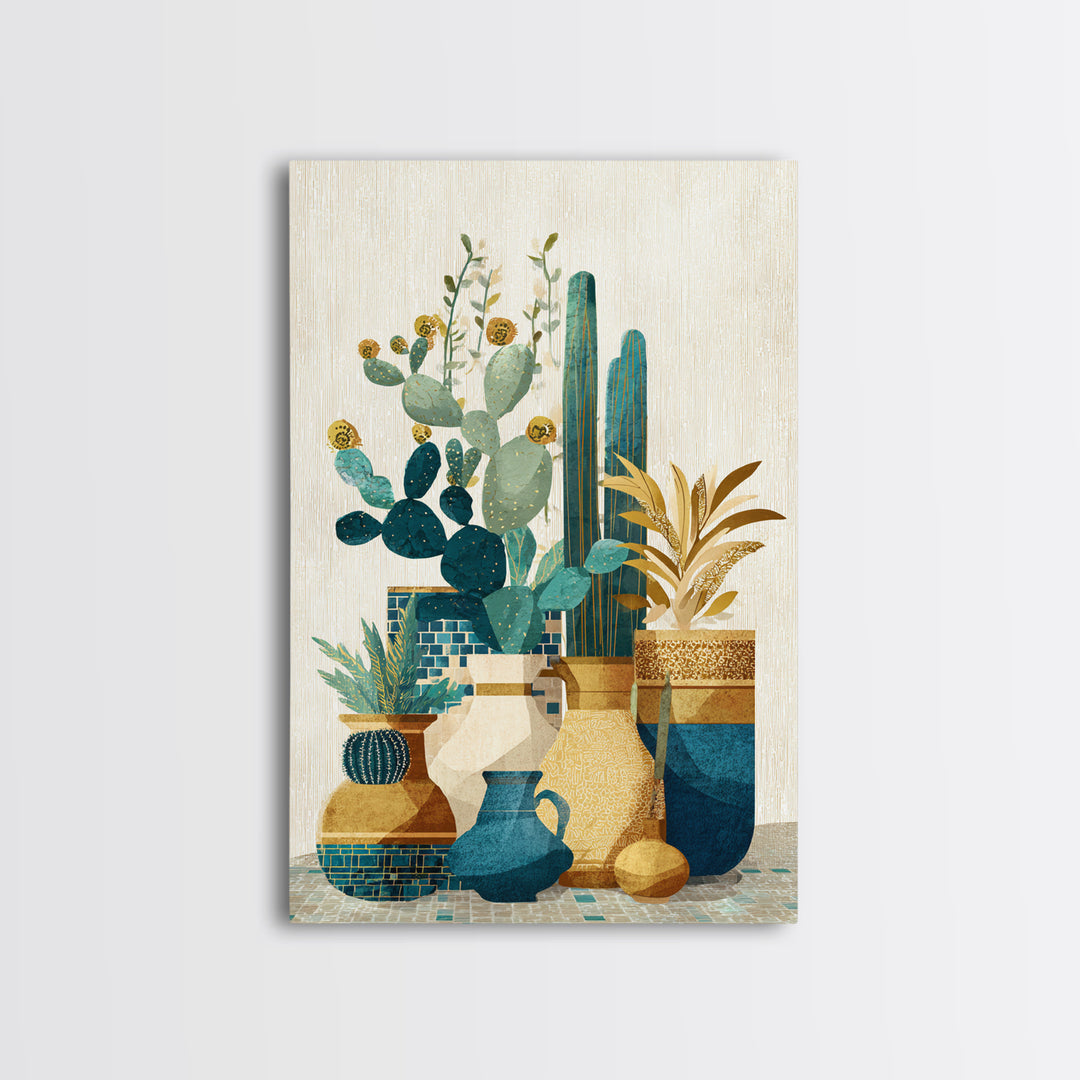 Warm Neutral Cactus Garden Illustration Framed Canvas Print, Boho Art, Wall Decor, Living Room Decor, Fine Art, Bohemian, BOH-2x3-26