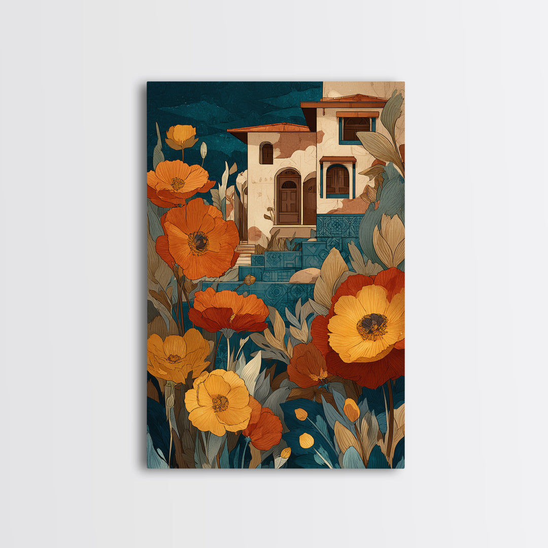 Burnt Orange Floral Field at Sunset Canvas Print, Boho Art, Living Room Decor, Oil Painting, Bohemian, Modern Decor, BOH-2x3-45