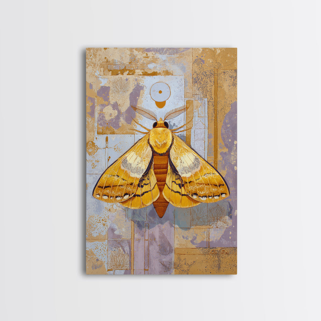Golden Moth with Moon and Stars Canvas Print, Boho Art, Abstract Wall Art, Living Room Decor, Bohemian, Fine Art Print, BOH-2x3-49