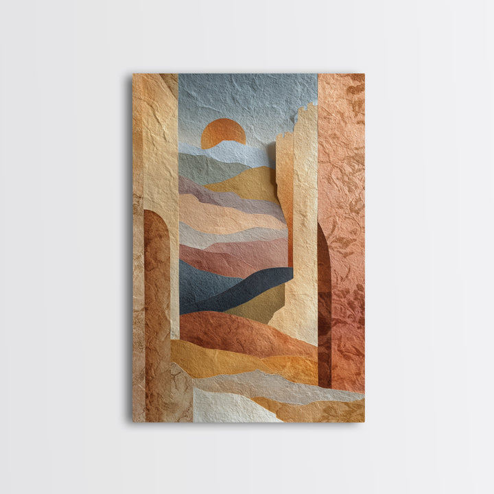 Sunrise over Rolling Dunes in Muted Peach Framed Canvas Print, Boho Art, Boho Wall Art, Living Room Decor, Oil Painting, BOH-2x3-53