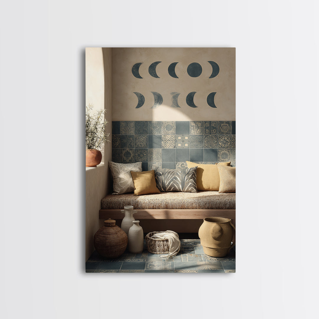 Moon Phases Above Botanical Silhouettes Canvas Print, Boho Art, Abstract Art, Living Room Decor, Bohemian 458, Set of Prints, BOH-2x3-58