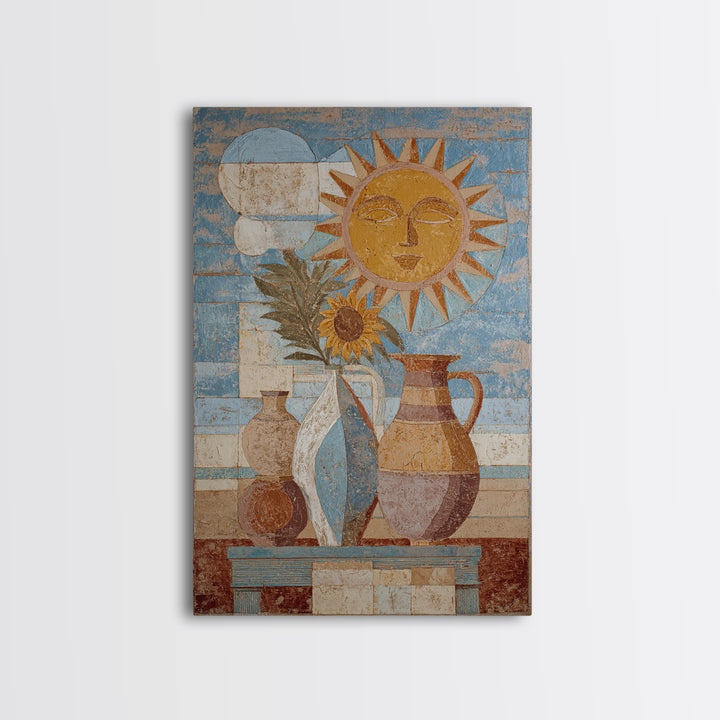 Sun and Moon Celestial Folk Motif Canvas Print, Boho Art, Art Deco, Living Room Decor, Oil Painting, Bohemian, Modern Wall Art, BOH-2x3-66