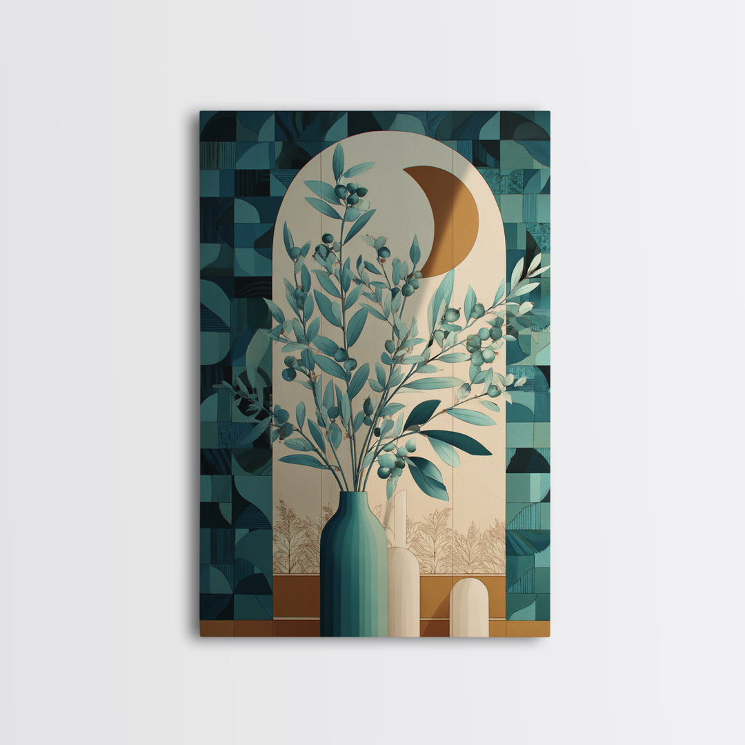 Sage Green Eucalyptus and Crescent Moon Canvas Print, Boho Art, Art, Living Room Decor, Bohemian, Wallart, Art Nouveau, BOH-2x3-7