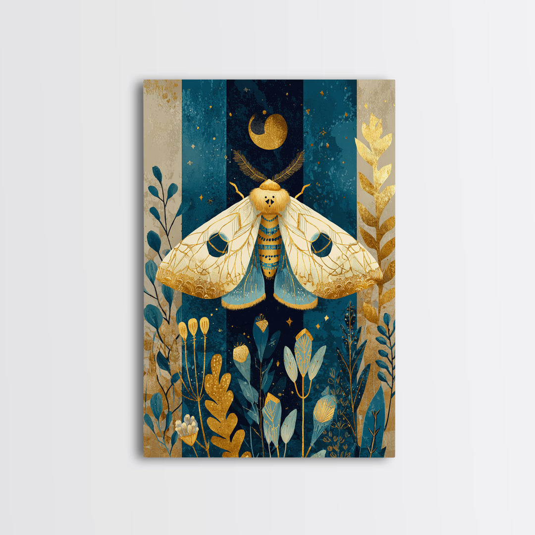 Golden Moth with Moon and Stars Framed Canvas Print, Boho Art, Living Room Wall Art, Living Room Decor, Fine Art, Bohemian, BOH-2x3-73