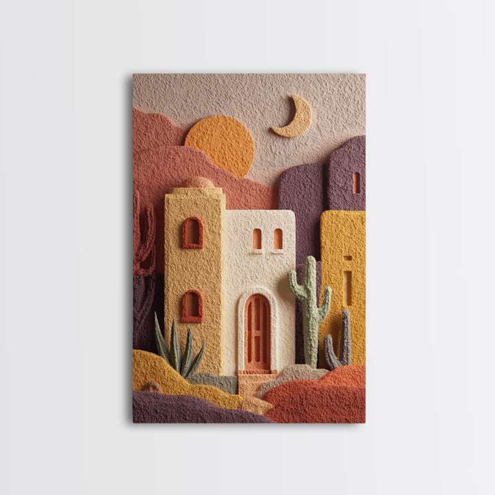 Desert Sun with Cactus and Warm Clay Canvas Print, Boho Art, Set of 3 Prints, Living Room Decor, Fine Art, Bohemian, BOH-2x3-81