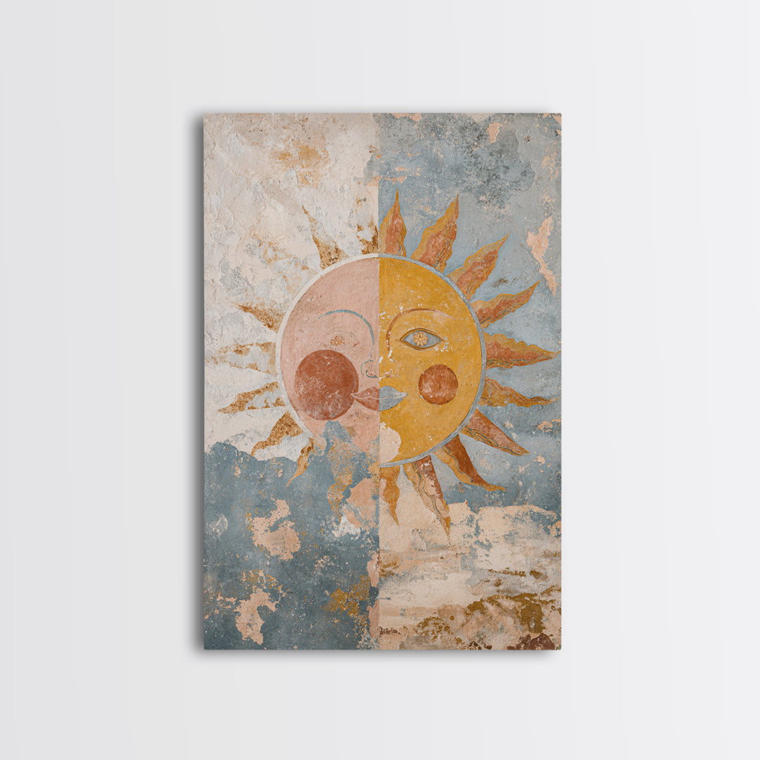 Sun and Moon Celestial Folk Motif Framed Canvas Print, Boho Art, Digital Print, Living Room Decor, Fine Art, Bohemian, BOH-2x3-90