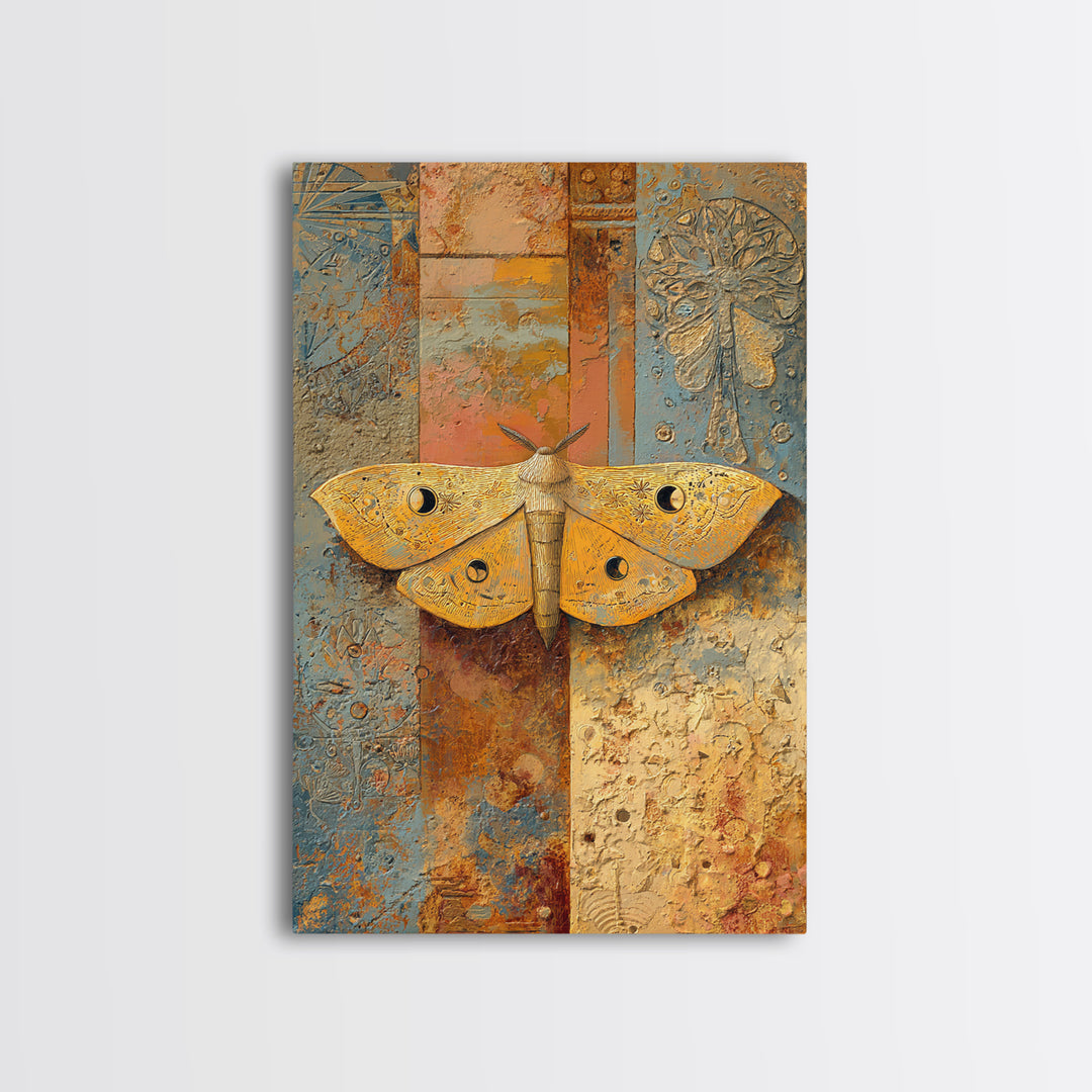 Golden Moth with Moon and Stars Framed Canvas Print, Boho Art, Living Room Wall Art, Living Room Decor, Fine Art, Bohemian, BOH-2x3-97
