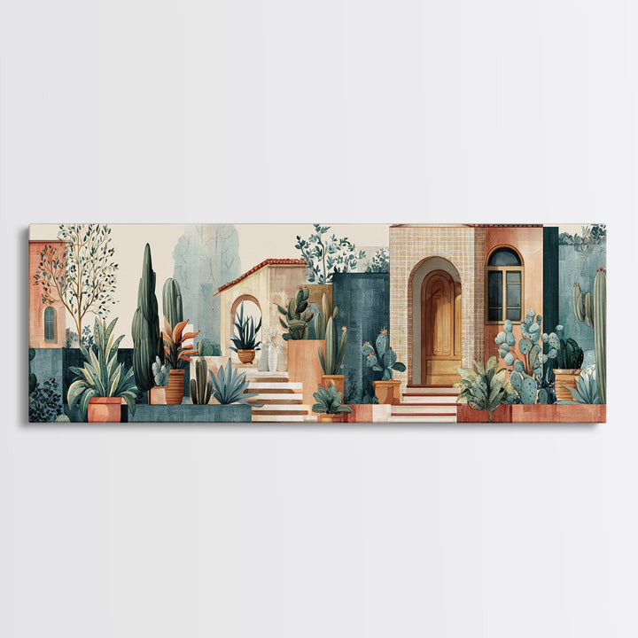 Warm Neutral Cactus Garden Illustration Framed Canvas Print, Boho Art, Digital Wall Art, Living Room Decor, Fine Art, Bohemian, BOH-3x1-10