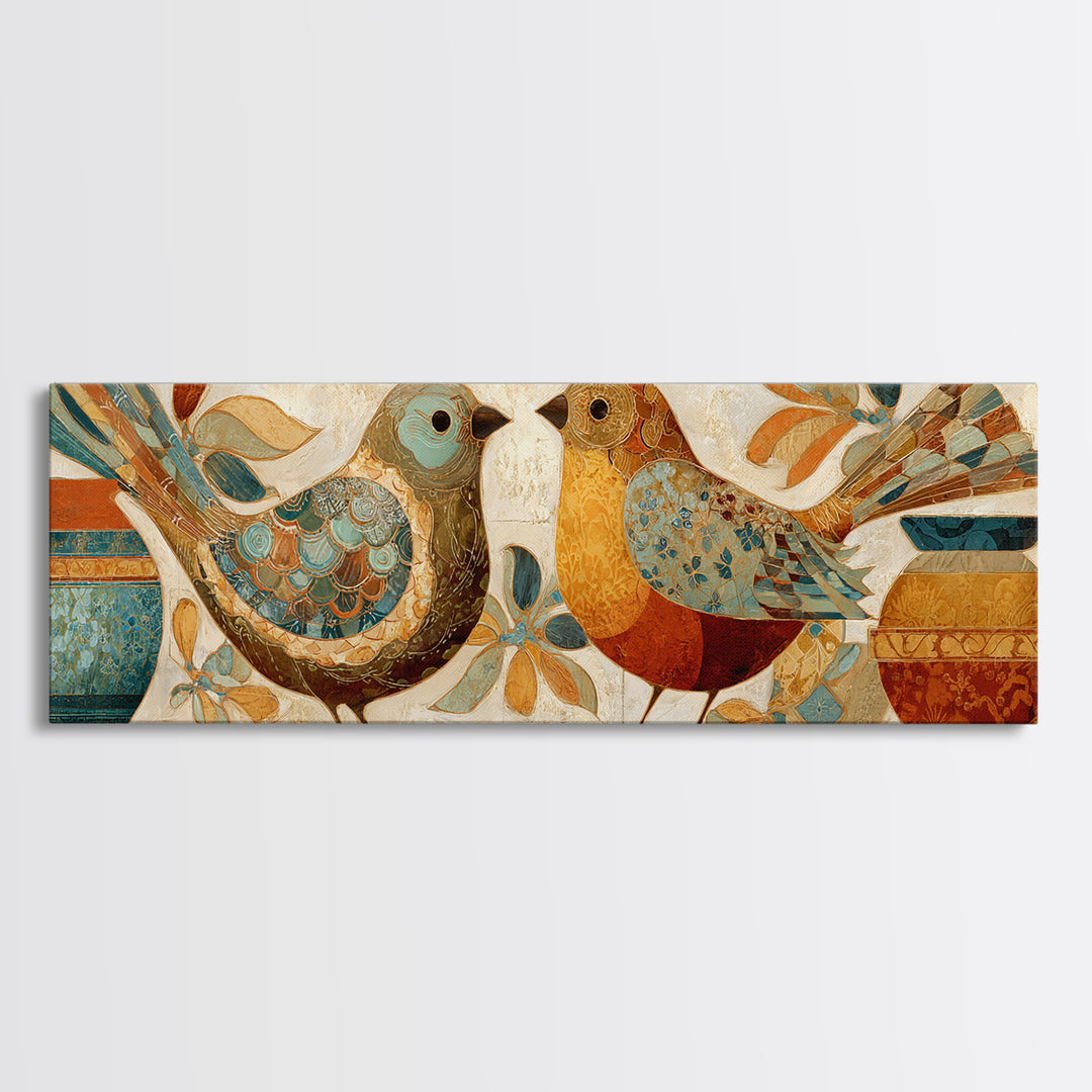 Boho Bird Pair Framed Canvas Print, Boho Art, Boho Decor, Living Room Decor, Fine Art, Bohemian, Textured Painting, BOH-3x1-12