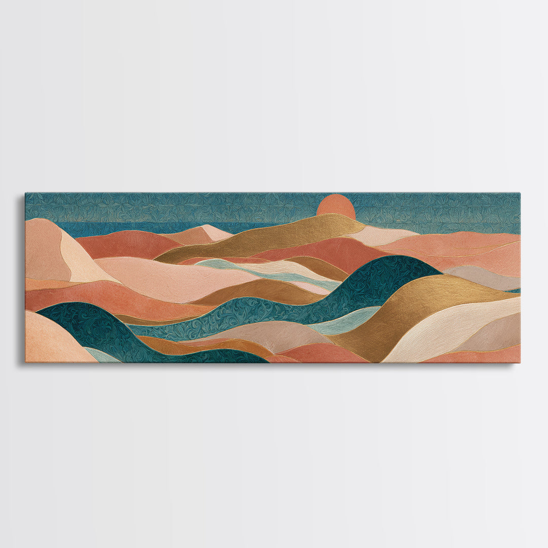 Sunrise over Rolling Dunes in Muted Peach Canvas Print, Boho Art, Wall Art Print, Living Room Decor, Fine Art, Bohemian, BOH-3x1-13
