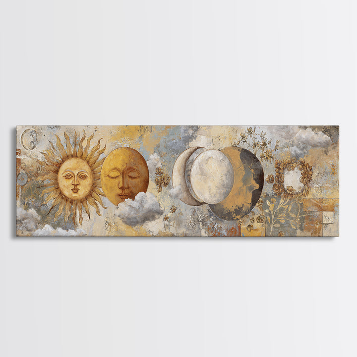 Sun and Moon Celestial Folk Motif Framed Canvas Print, Boho Art, Wallart, Living Room Decor, Bohemian, Living Room Wall Art, BOH-3x1-2