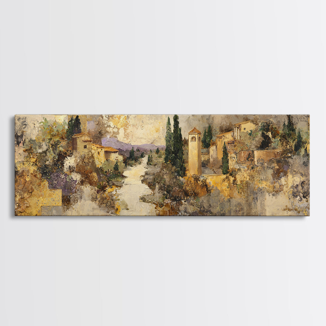 Earth Tone Mountain and River Abstraction Framed Canvas Print, Boho Art, Wall Art, Living Room Decor, Watercolor Art, Bohemian, BOH-3x1-27