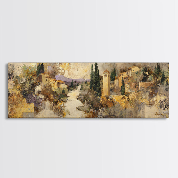 Earth Tone Mountain and River Abstraction Framed Canvas Print, Boho Art, Wall Art, Living Room Decor, Watercolor Art, Bohemian, BOH-3x1-27