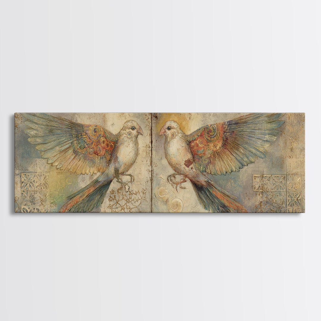 Boho Bird Pair Canvas Print, Boho Art, Neutral Decor, Living Room Decor, Fine Art, Bohemian, Wall Decor, Prints, Art Prints, BOH-3x1-36