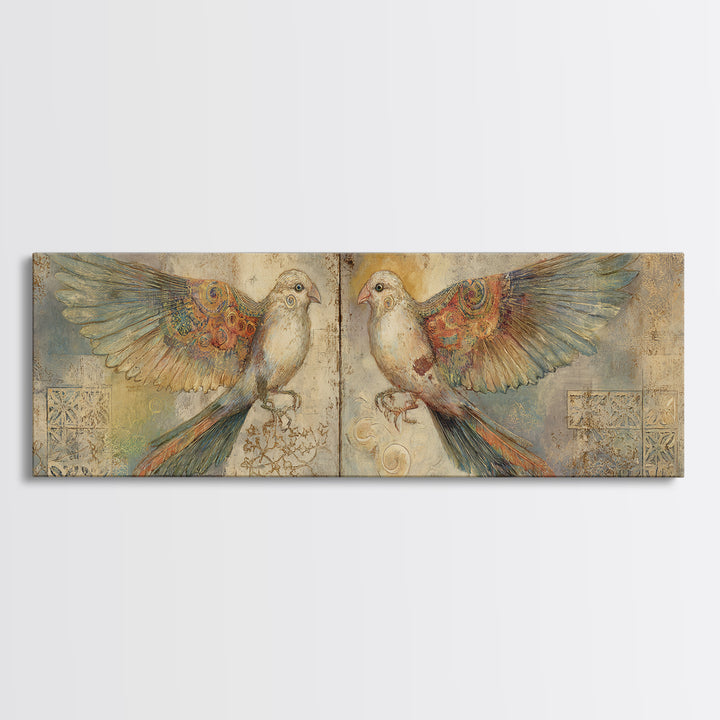 Boho Bird Pair Canvas Print, Boho Art, Neutral Decor, Living Room Decor, Fine Art, Bohemian, Wall Decor, Prints, Art Prints, BOH-3x1-36