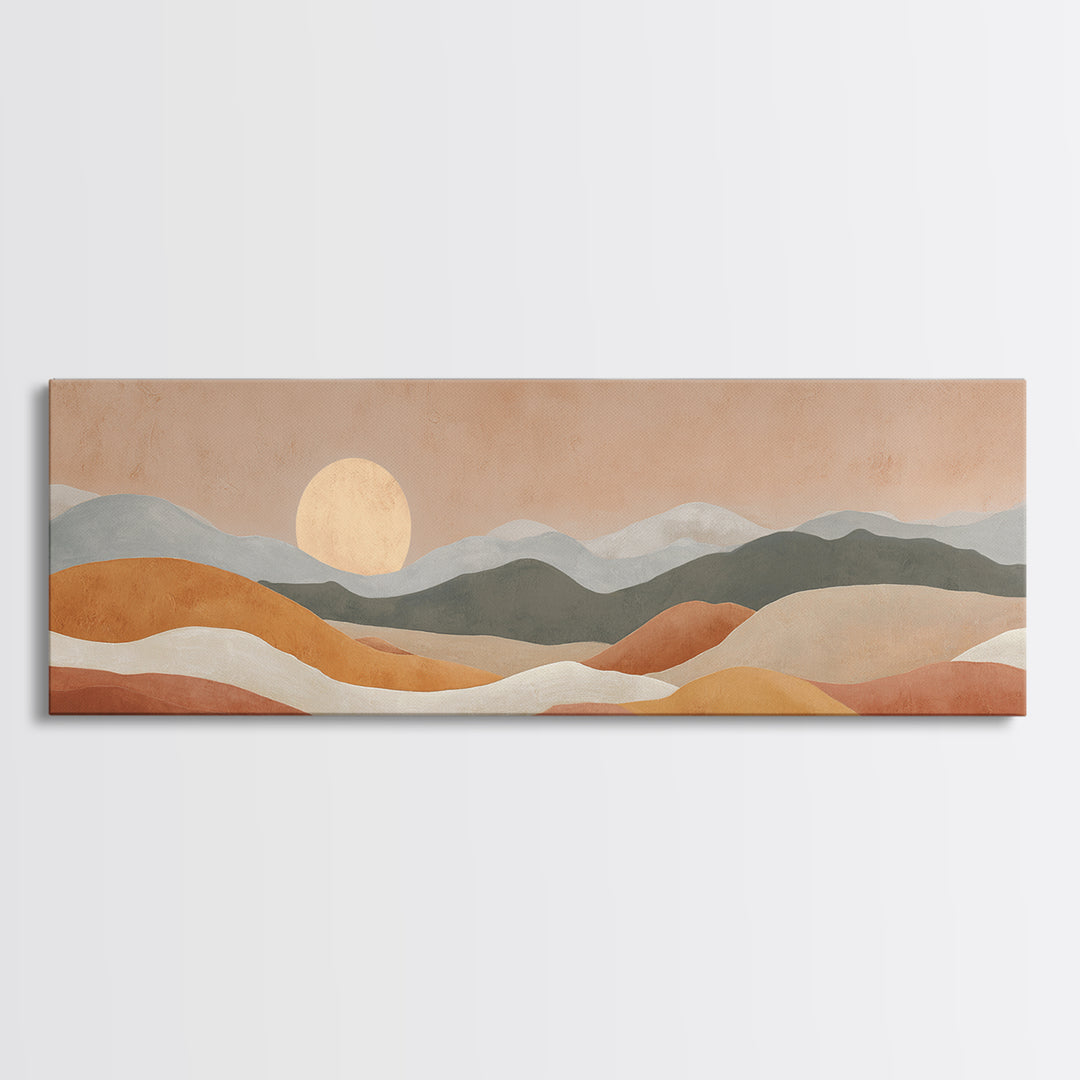 Sunrise over Rolling Dunes in Muted Peach Framed Canvas Print, Boho Art, Wall Art Set, Living Room Decor, Watercolor Art, BOH-3x1-37