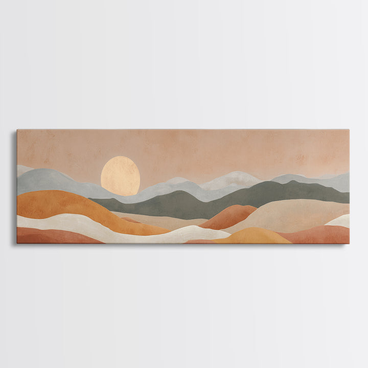 Sunrise over Rolling Dunes in Muted Peach Framed Canvas Print, Boho Art, Wall Art Set, Living Room Decor, Watercolor Art, BOH-3x1-37
