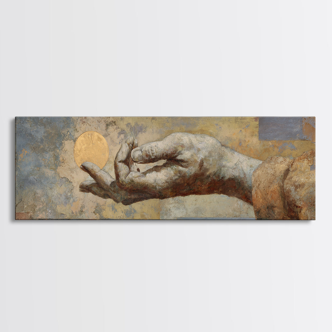 Mystic Hand Holding a Tiny Sun Canvas Print, Boho Art, Modern Wall Art, Living Room Decor, Fine Art, Bohemian, BOH-3x1-46