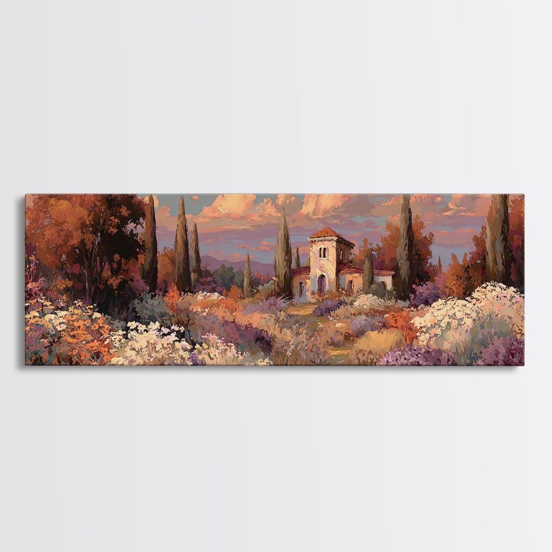 Burnt Orange Floral Field at Sunset Framed Canvas Print, Boho Art, Boho Wall Art, Living Room Decor, Fine Art, Bohemian, BOH-3x1-5