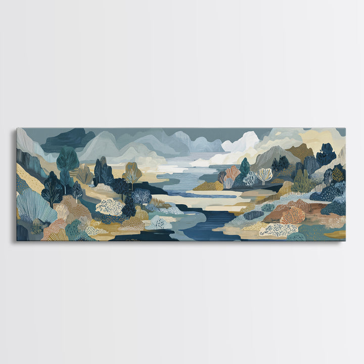 Earth Tone Mountain and River Abstraction Framed Canvas Print, Boho Art, Boho, Living Room Decor, Oil Painting, Bohemian, BOH-3x1-51