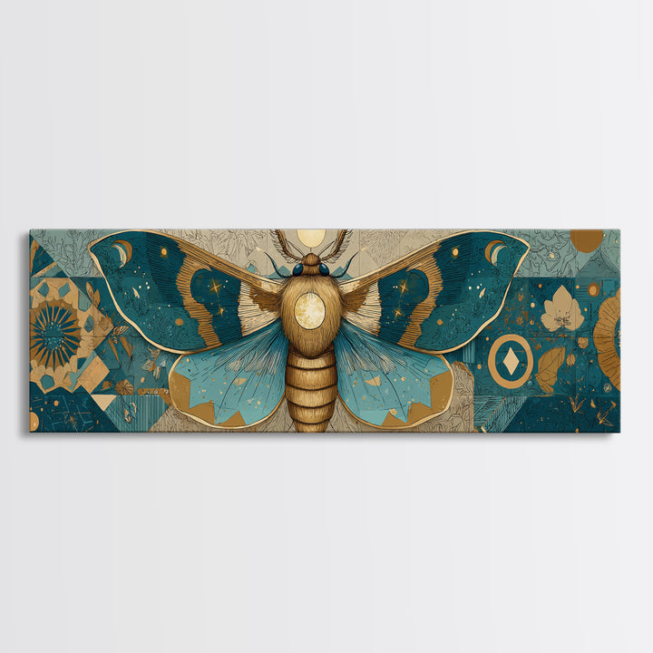 Golden Moth with Moon and Stars Framed Canvas Print, Boho Art, Statement Artwork, Living Room Decor, Fine Art, Bohemian, BOH-3x1-57